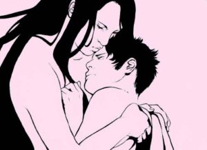 Drawing of mother holding adult son. Nice mother son roleplay illustration.